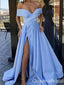 Sexy Plunging Off-the-shoulder High Slit Tulle A-line Evening Gown Long Prom Dresses with Pleats,WGP712