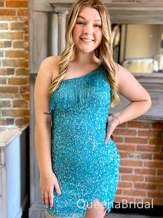 Elegant Light Blue One Shoulder Sequin Cheap Simple Short Homecoming Dresses,QB0419