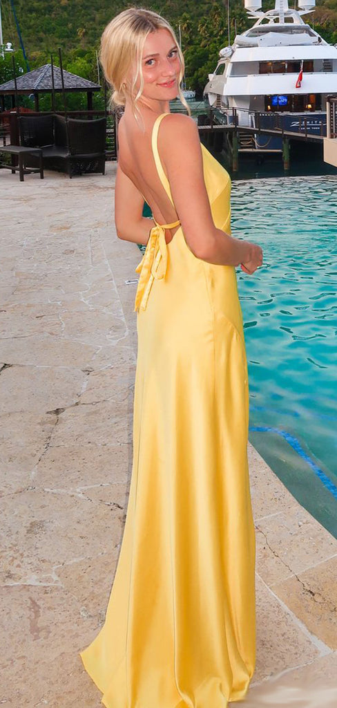 Sexy Yellow Spaghetti Straps V Neck Side Slit Mermaid Long Evening Prom Dresses,WGP502