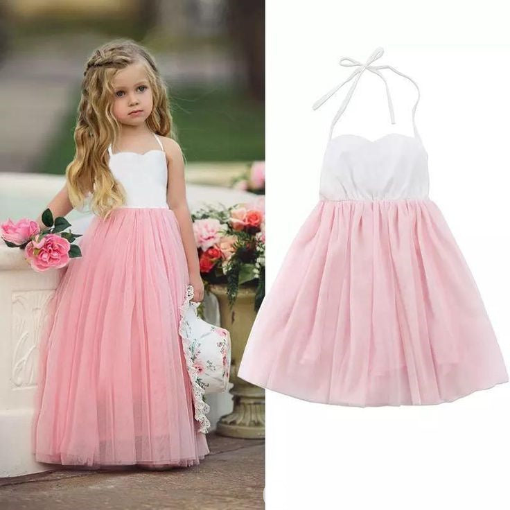 White and Light Pink A-line Spaghetti Straps Long Tulle Gown Flower Girl Dresses, FGS0058