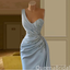 Light Blue Mermaid One Shoulder Beaded Evening Gown Maxi Long Evening Party Prom Dresses with Side Slit,WGP1185