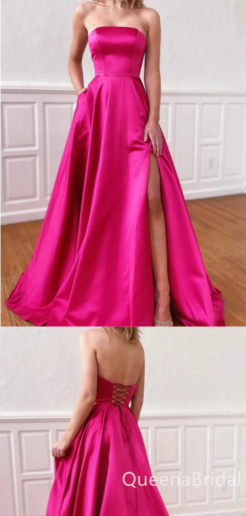 Sexy Strapless Pink Straight Neck A-line Evening Gown Long Prom Dresses ,WGP679