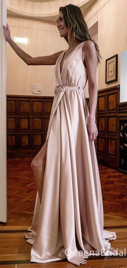 Sexy Elegant Plunging High Slit A-line Evening Gown Maxi Long Formal Dresses Prom Dresses ,WGP839