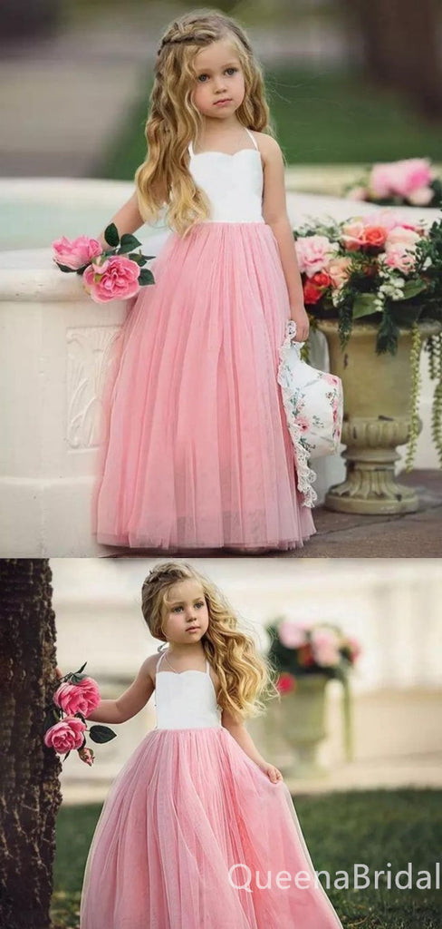 White and Light Pink A-line Spaghetti Straps Long Tulle Gown Flower Girl Dresses, FGS0058