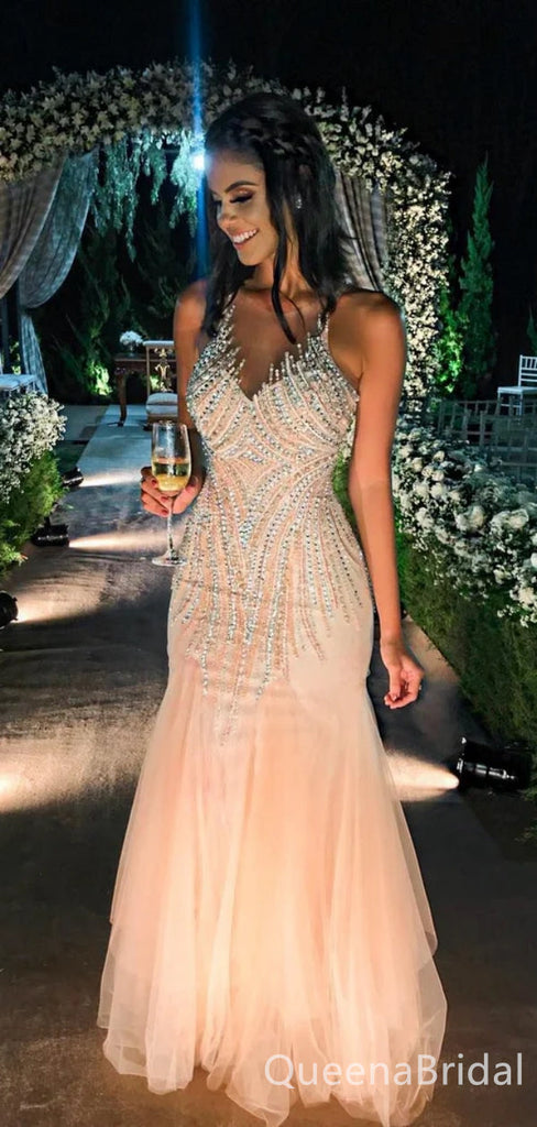 Light Pink V Neck Mermaid Beaded Evening Gown Long Evening Party Prom Dresses ,WGP1284