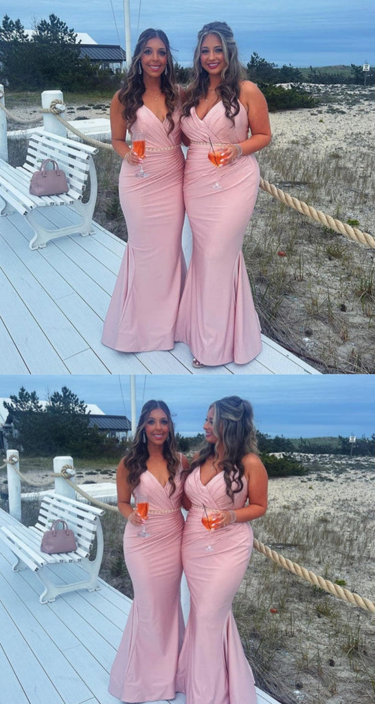 Pink Spaghetti Straps V Neck Mermaid Long Bridesmaid Dresses ,BDS0221