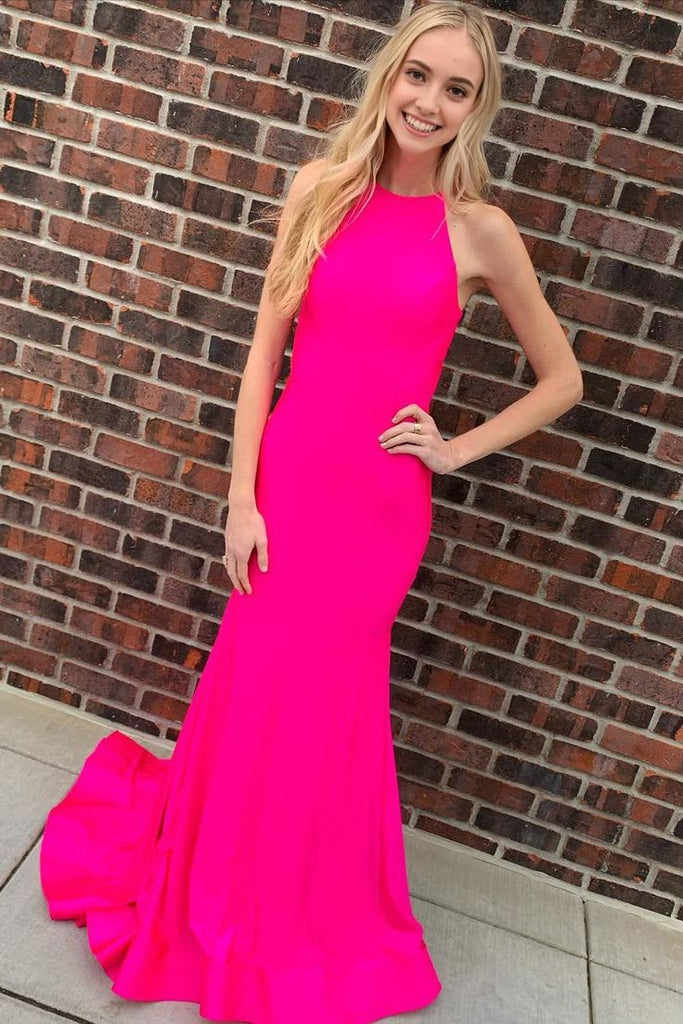 Elegant Halter Bright Pink Strapless Mermaid Evening Prom Dresses,WGP474
