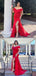 Red Off Shoulder V Neck Mermaid Long Bridesmaid Dresses with Slit ,BDS0223