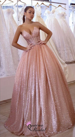 Shiny Blush Pink Strapless V Neck A-line Ball Gown Long Party Dress Prom Dresses,WGP1758