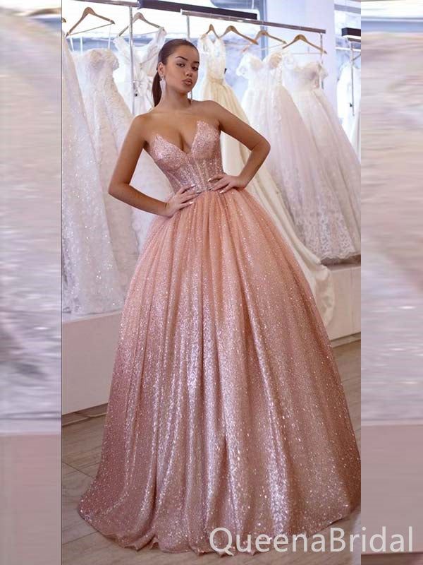 Shiny Blush Pink Strapless V Neck A-line Ball Gown Long Party Dress Prom Dresses,WGP1758