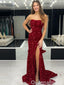 Sparkle Strapless Red Mermaid Evening Gown Maxi Long Evening Party Prom Dresses with Slit,WGP1097