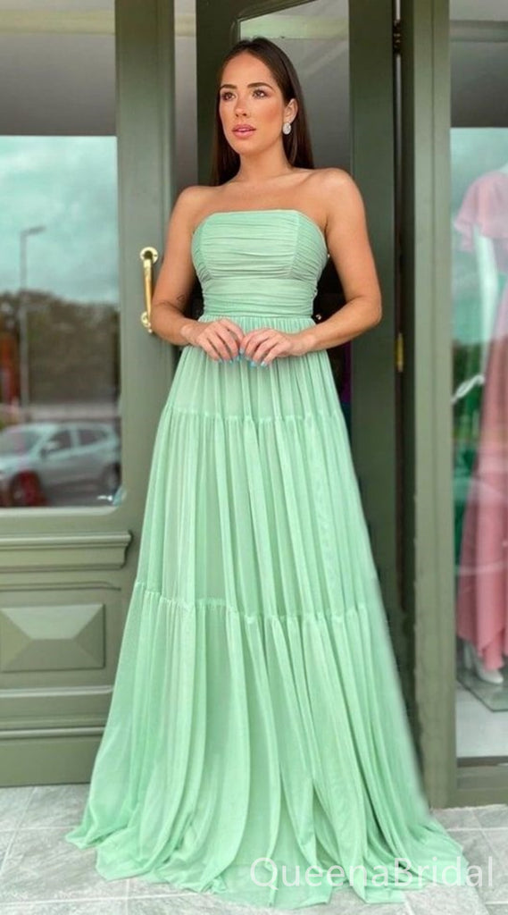 Green Strapless A-line Evening Gown Long Evening Party Prom Dresses ,WGP1288