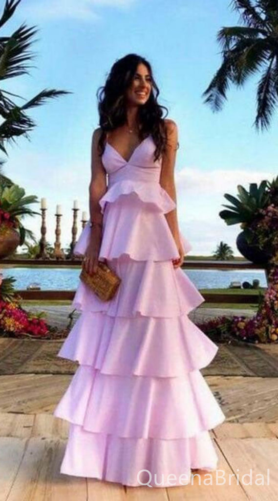 Light Pink V Neck Tiered A-line Evening Gown Long Evening Party Prom Dresses ,WGP1290