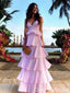 Light Pink V Neck Tiered A-line Evening Gown Long Evening Party Prom Dresses ,WGP1290