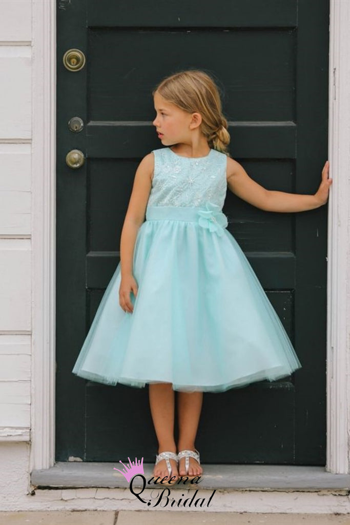 Elegant Sleeveless Green A-line Long Flower Girl Dresses , FGS0064