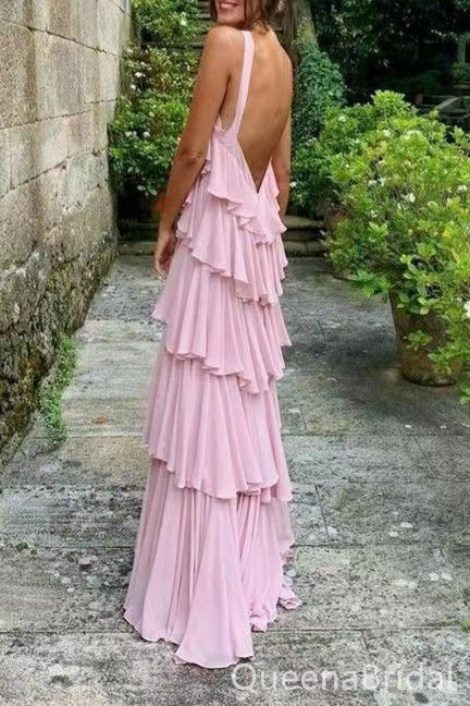 Light Pink Halter Tiered A-line Evening Gown Long Evening Party Prom Dresses ,WGP1291