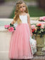 White and Light Pink A-line Spaghetti Straps Long Tulle Gown Flower Girl Dresses, FGS0058