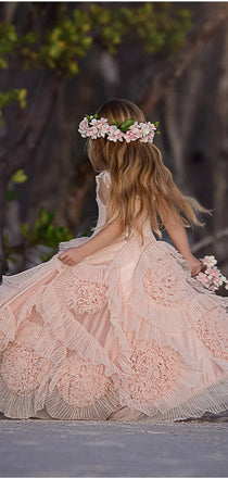 Elegant Light Pink Ruffle Tulle A- Line Cheap Long Flower Girl Dresses, FGS0035
