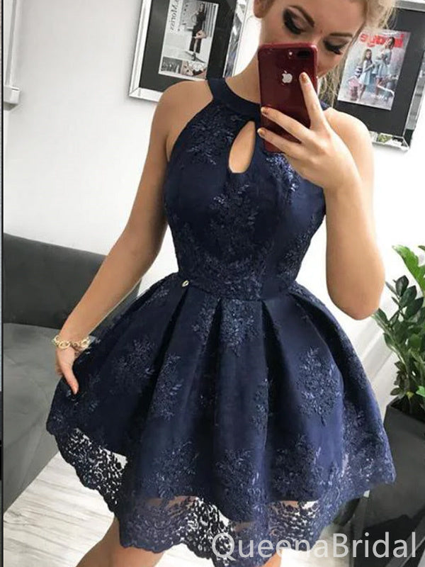 Elegant Halter Lace Appliques Ball Gown Short Homecoming Dresses, QB0601