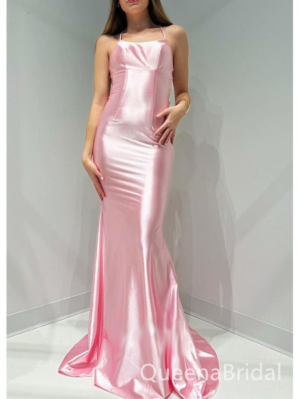Elegant Pink Soft Satin Simple Halter Lace Up Back Mermaid Long Evening Prom Dresses,WGP505