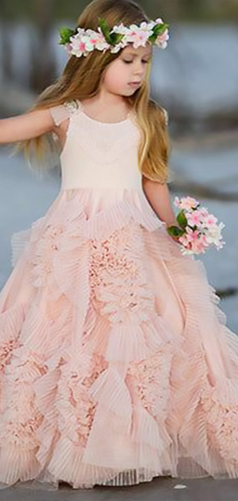 Elegant Light Pink Ruffle Tulle A- Line Cheap Long Flower Girl Dresses, FGS0035