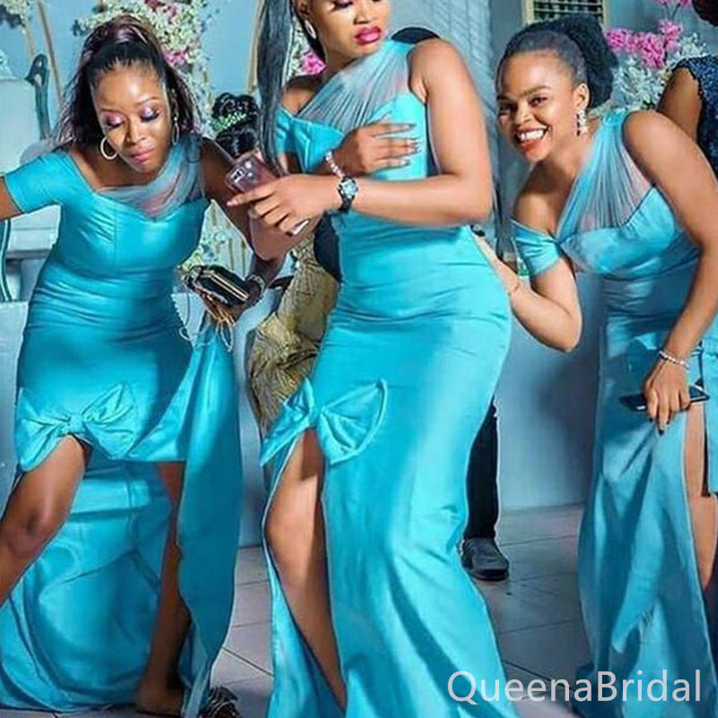 One Shoulder Blue Mermaid Illusion Long Bridesmaid Dresses with Side Slit, BDS0209