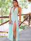 Halter Mint Green Plunging Evening Gown Maxi Long Evening Party Prom Dresses with Slit,WGP1040