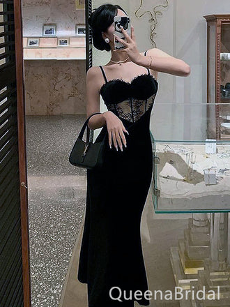 Sexy Black Spaghetti Straps Mermaid Sweet Heart Long Evening Prom Dresses,WGP448