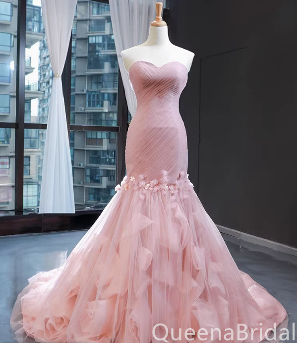 Elegant Pink Floral Strapless Sweetheart Mermaid Lace up Back Party Dress Long Prom Dresses to Impress ,WGP1698