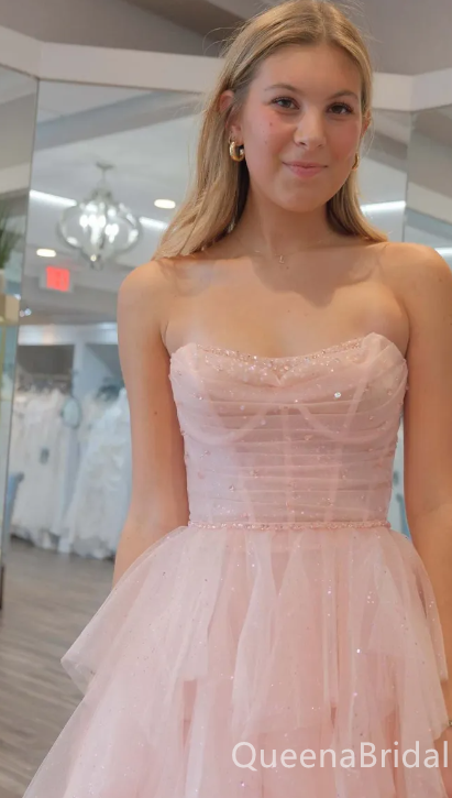 Elegant Cute Light Pink Strapless A-line Layer Tulle Fluffy Evening Gown Long Formal Dresses Prom Dresses,WGP815