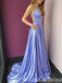 Sexy Plunging High Slit A-line Purple Spaghetti Straps Lace Up Back Evening Gown Long Prom Dresses with Pleats,WGP696