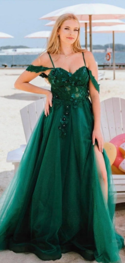 Charming Unique Green Off the Shoulder Spaghetti Straps Appliques Tulle Long Evening Gown Prom Dresses with Side Slit,WGP579