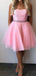 Cute Pink Beading Strapless Tulle  Straight Neck A-line Short Homecoming Dresses with Pleats, QB0574