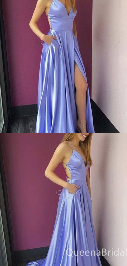 Sexy Plunging High Slit A-line Purple Spaghetti Straps Lace Up Back Evening Gown Long Prom Dresses with Pleats,WGP696