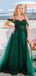 Charming Unique Green Off the Shoulder Spaghetti Straps Appliques Tulle Long Evening Gown Prom Dresses with Side Slit,WGP579