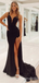 V-neck Open Back Black Sheath Evening Gown Maxi Long Formal Dresses Prom Dresses with Side Slit,WGP958