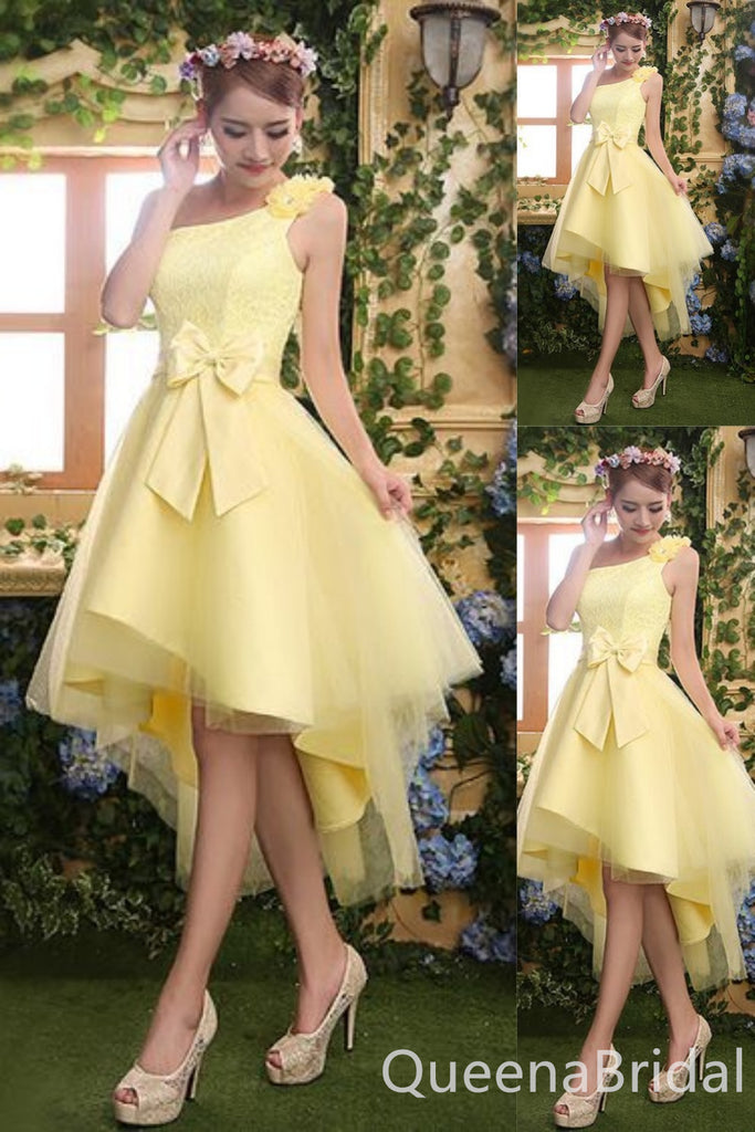 Light Yellow One Shoulder Lace Appliques Graduation Party Short Homecoming Dresses with Bow Knot, QB0800