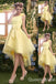 Light Yellow One Shoulder Lace Appliques Graduation Party Short Homecoming Dresses with Bow Knot, QB0800