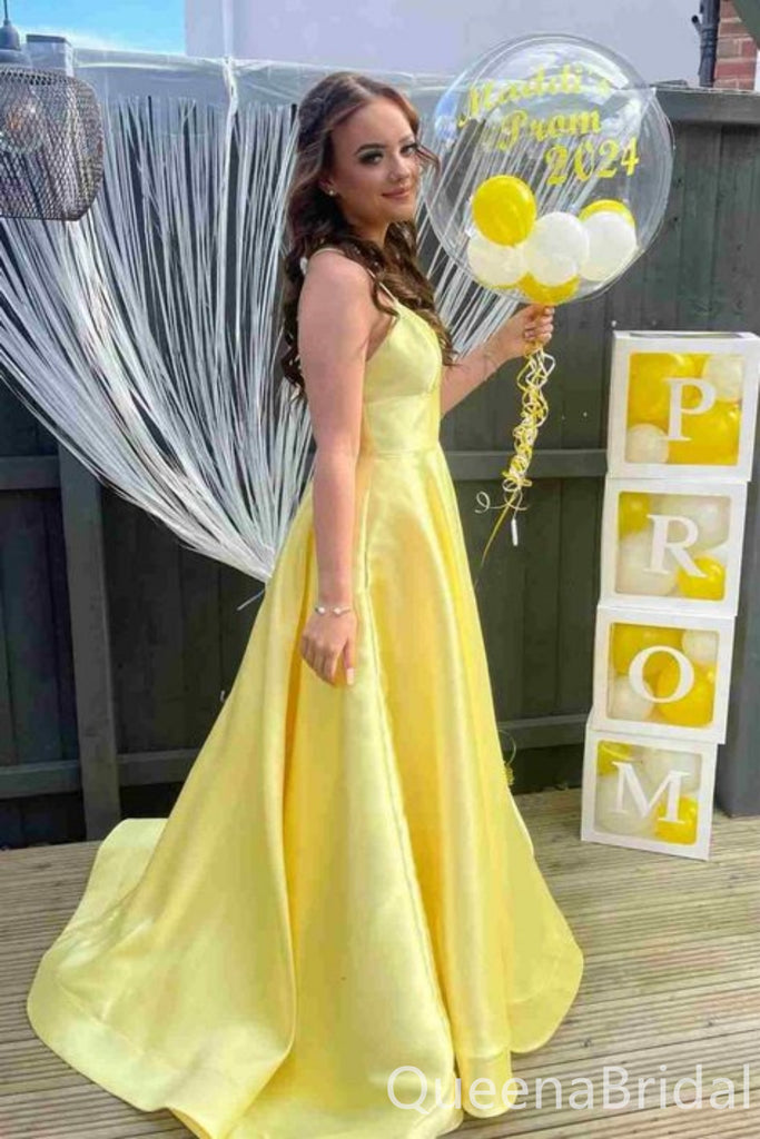 Elegant Yellow Spaghetti Straps A-line Party Dress Long Prom Dresses t QueenaBridal Elegant Yellow Spaghetti Straps A-line Party Dress Long Prom Dresses t QueenaBridal