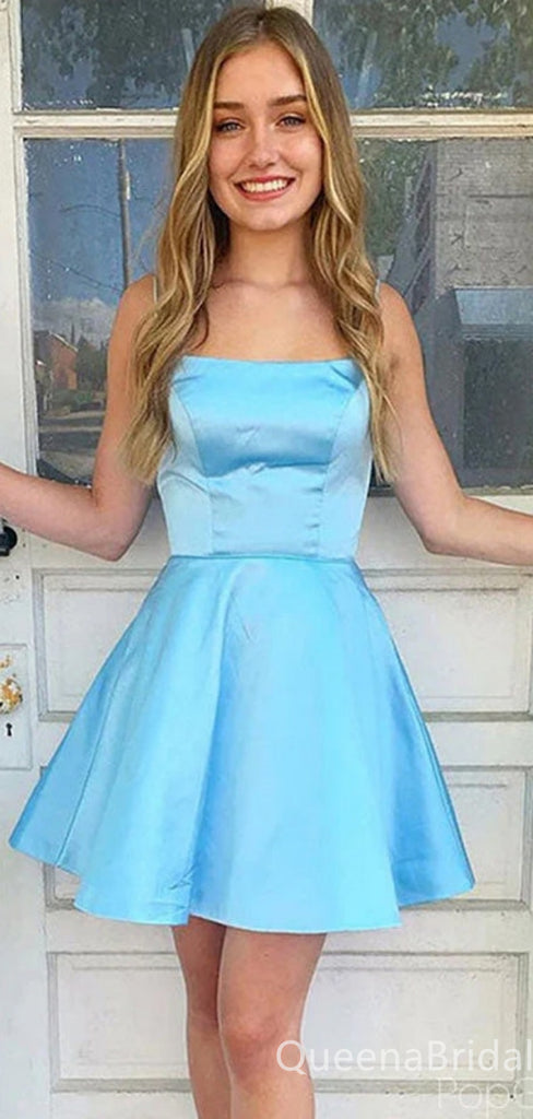 Simple Blue Spaghetti Straps A-line Lace Up Back Graduation Party Homecoming Dresses ,QB0696