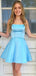 Simple Blue Spaghetti Straps A-line Lace Up Back Graduation Party Homecoming Dresses ,QB0696