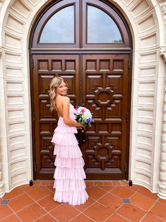 Stunning Halter Light Pink Sheath Open Back Tiered Party Dress Long Prom Dresses to Impress ,WGP1583