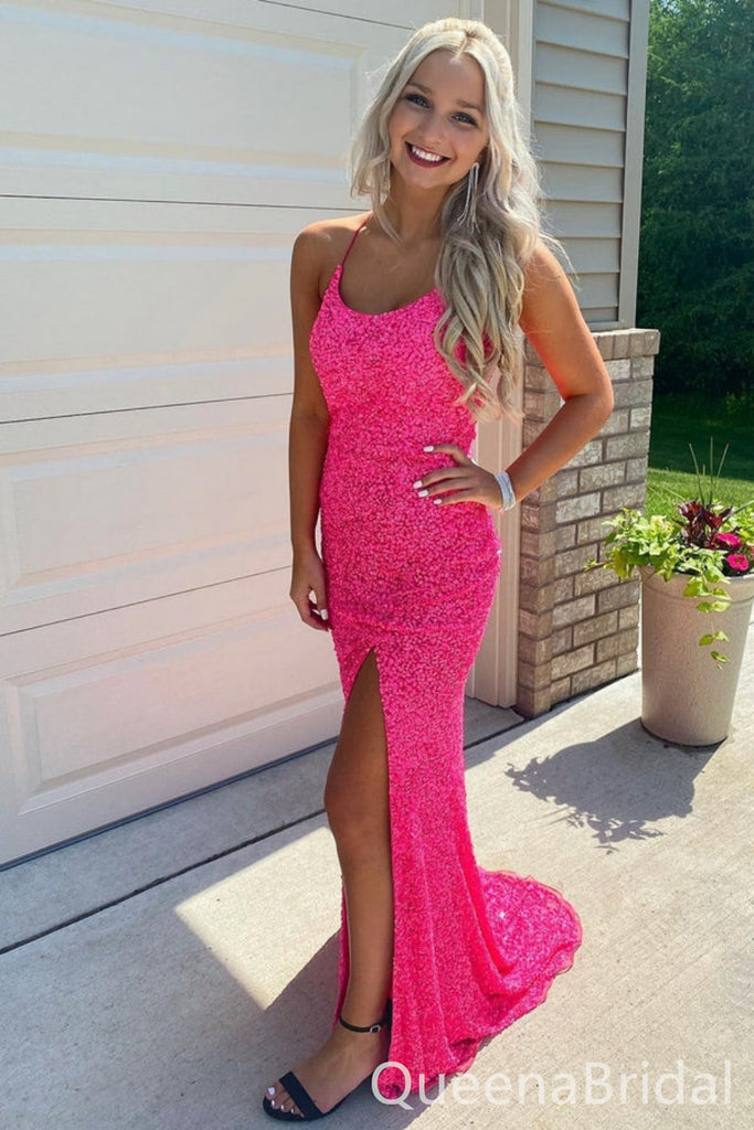 Sparkle Hot Pink Lace up Back Spaghetti Straps Mermaid Evening Gown Long Evening Party Prom Dresses with Slit ,WGP1293