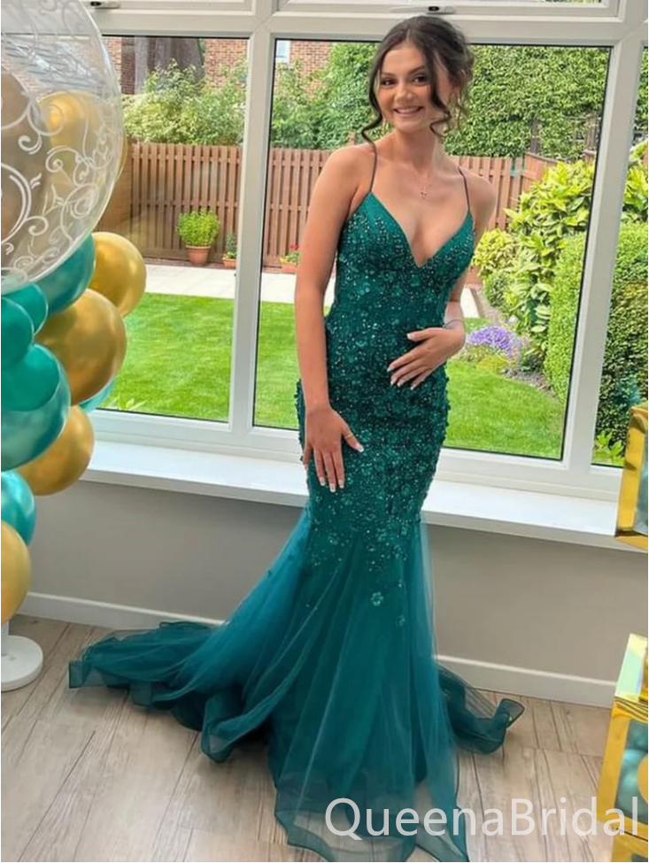 Sexy Green Spaghetti Straps V Neck Mermaid Long Party Dress Long Prom Dresses to Impress with Trailing,WGP1420