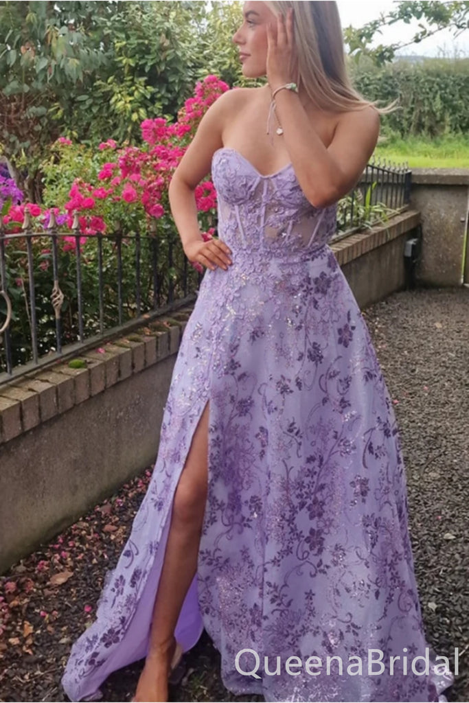 Sexy Strapless Lace Appliques Sweetheart A-line Long Party Dress Long Prom Dresses to Impress with Slit ,WGP1421