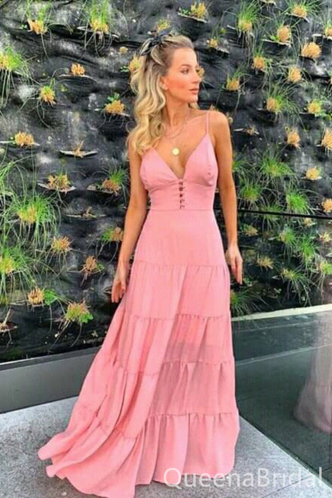 Pink A-line Plunging Evening Gown Long Evening Party Prom Dresses ,WGP1295