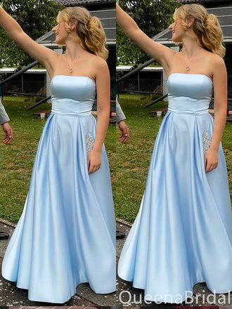 Gorgeous Blue Strapless A-line Beaded Long Party Dress Prom Dresses with Pockets,WGP1767