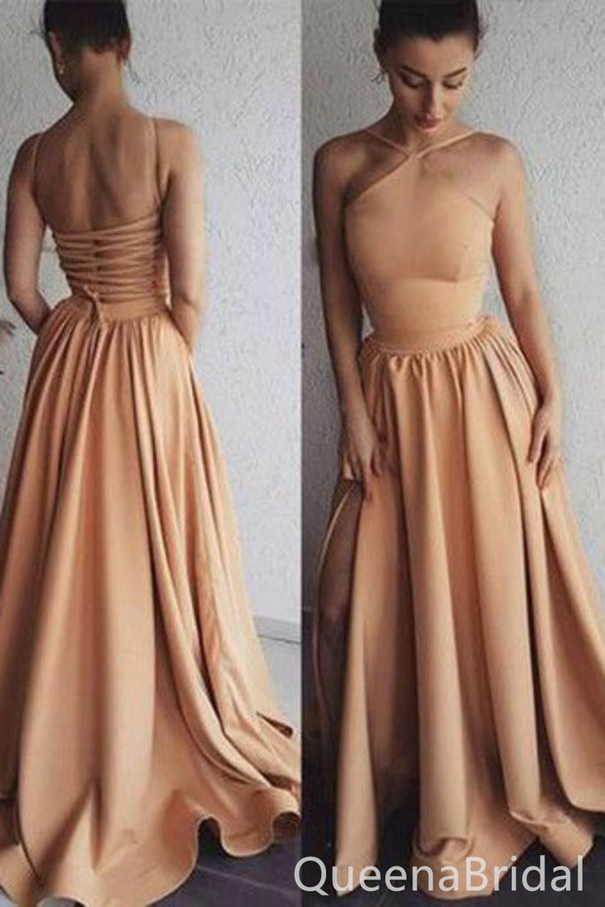 Spaghetti Straps A-line Lace Up Back Evening Gown Maxi Long Evening Party Prom Dresses with Side Slit,WGP1106