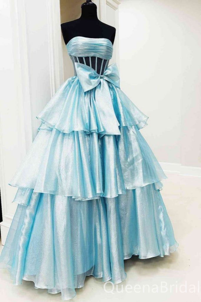 Elegant Strapless Bow Knot Tiered A-line Party Dress Long Prom Dresses to Impress ,WGP1689