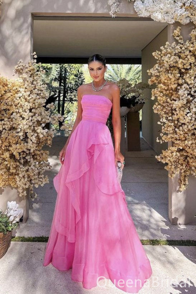 Pink Strapless A-line Evening Gown Long Evening Party Prom Dresses ,WGP1297